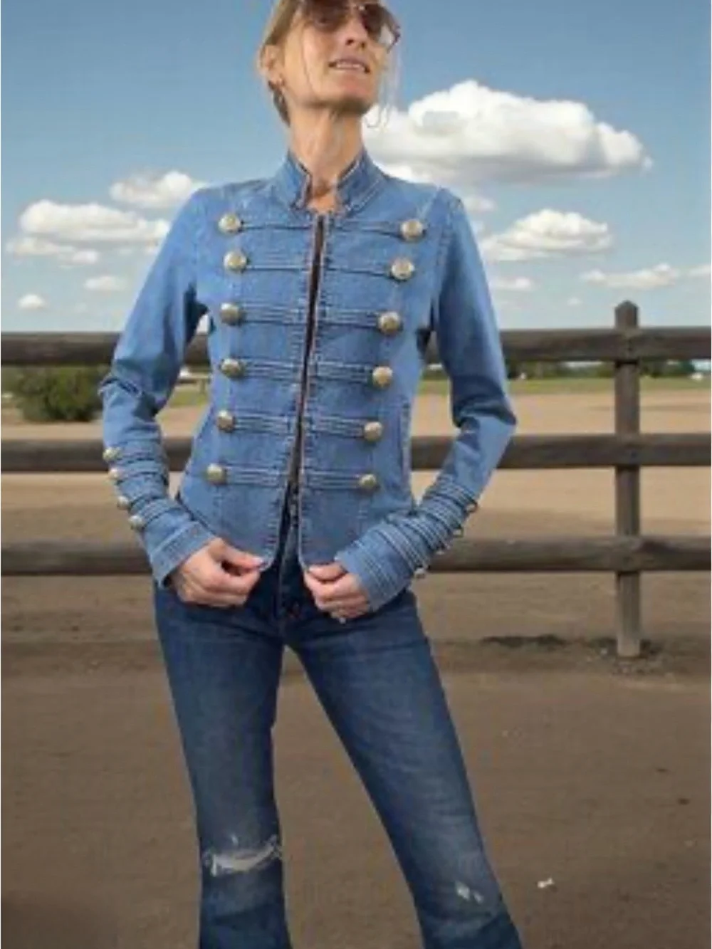 Vintage Free People Light Blue Military-Style Denim Jacket with Gold Buttons - Picture 2 of 10